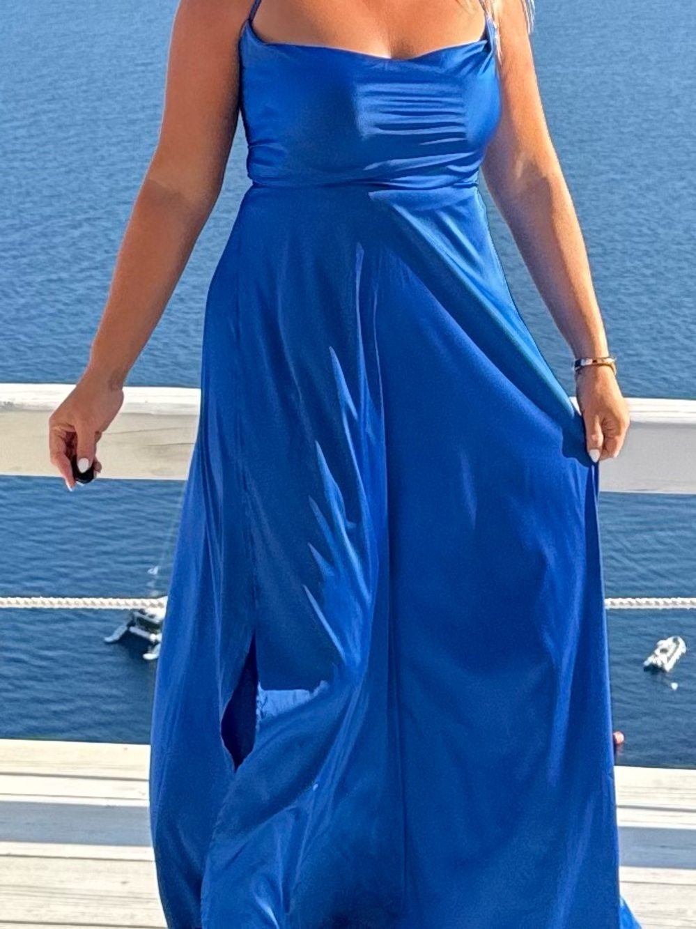 Blue Slip Maxi Dress with Cowl Neck